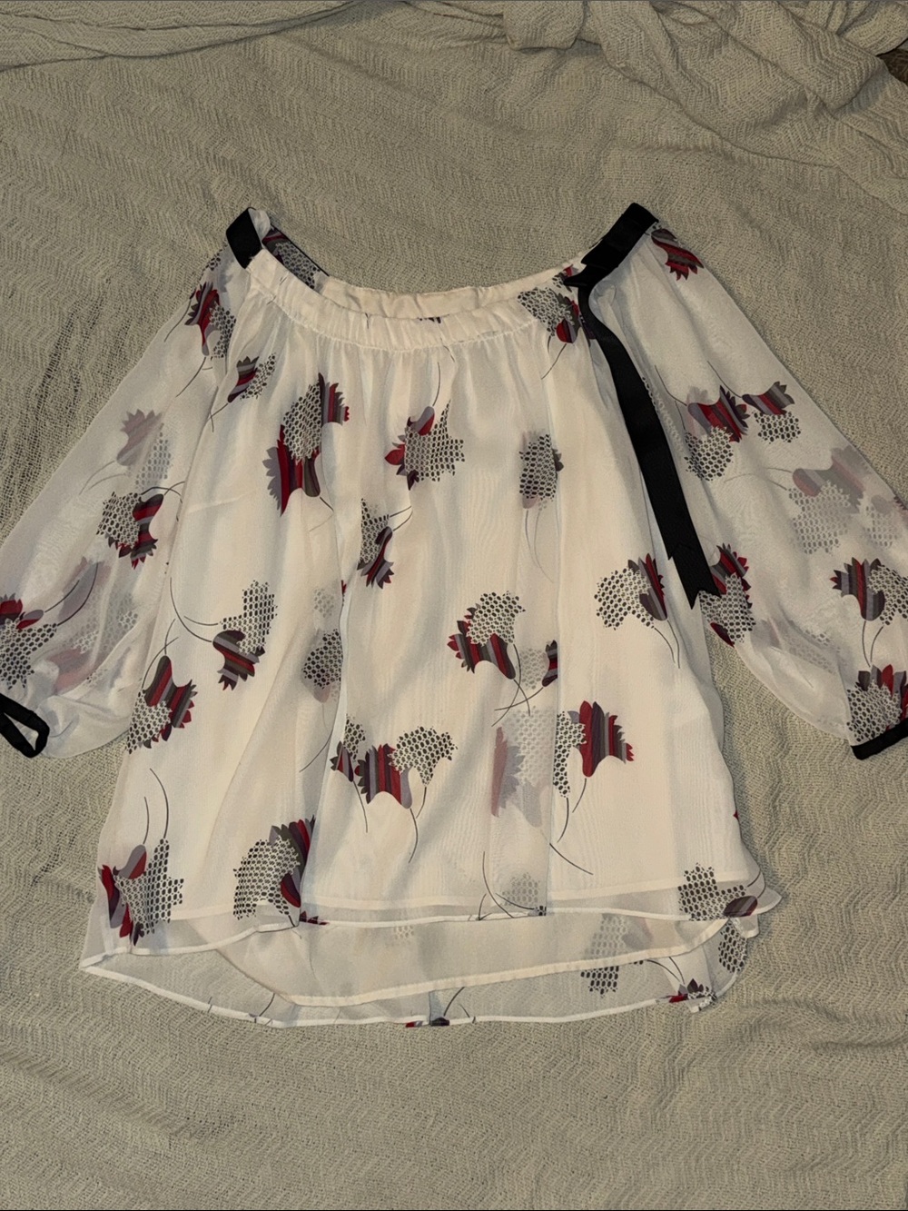 Off-Shoulder Floral Print Sheer Blouse - White with Red & Black Accents